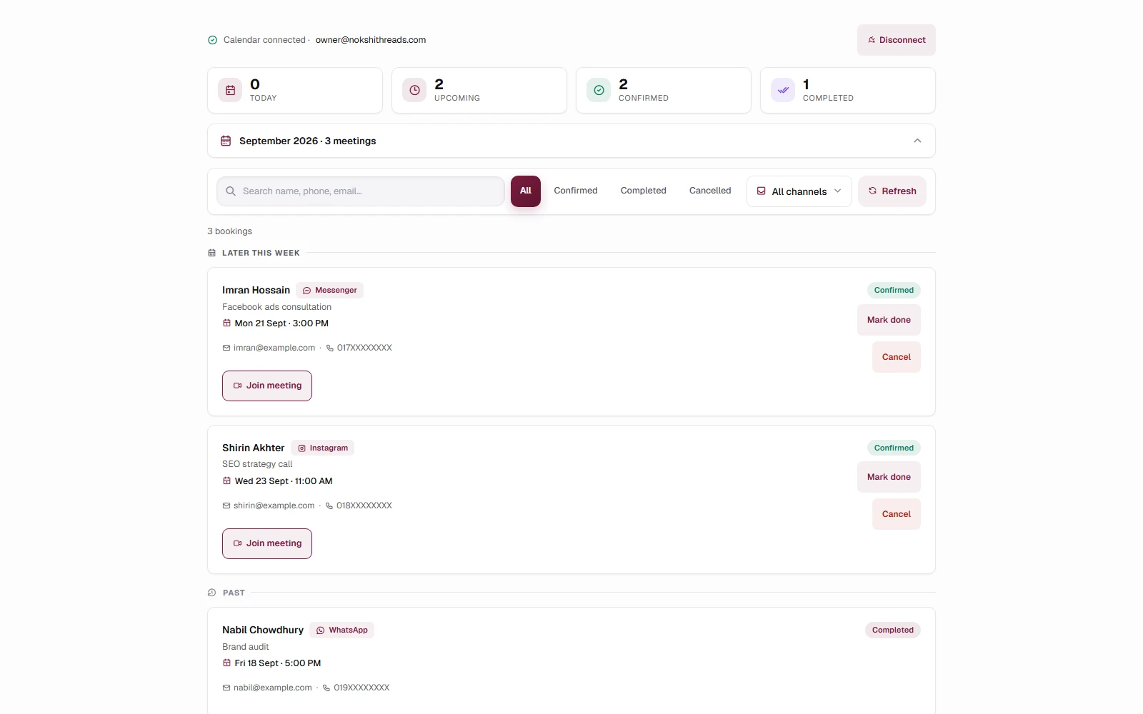 The Bookings tab: the month, each meeting with its time, and a button that opens the Google Meet link.