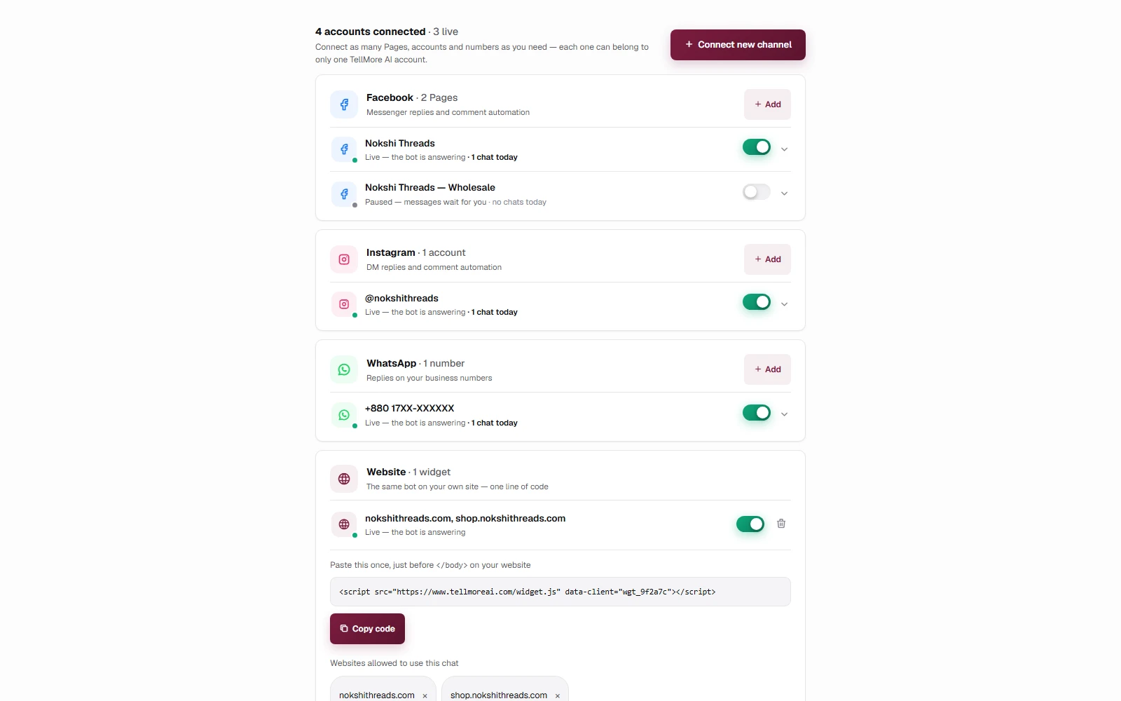 Two Facebook Pages, an Instagram account, a WhatsApp number and a website widget — one of the Pages paused.