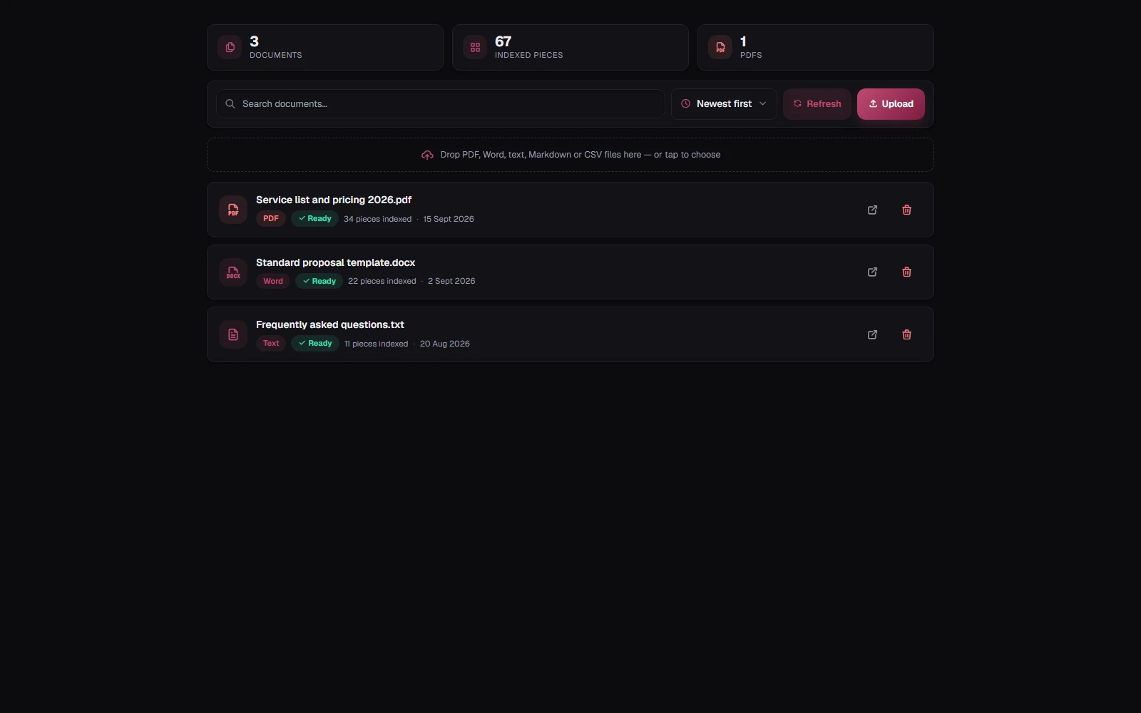 The Knowledge Base tab: the documents your bot answers from.