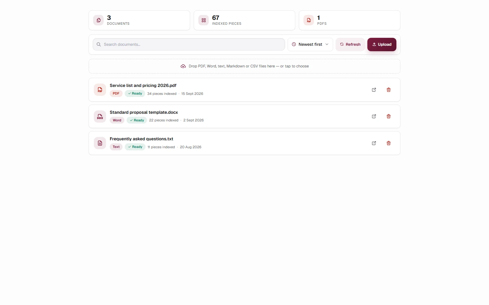 The Knowledge Base tab: the documents your bot answers from.