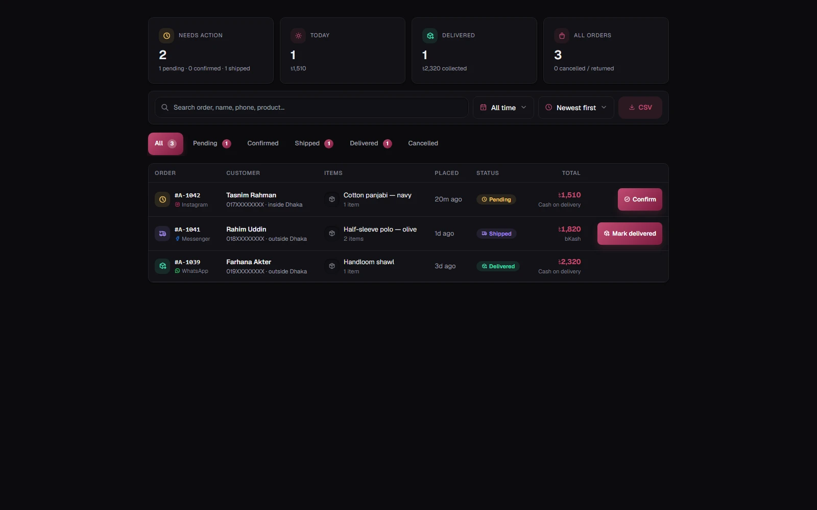 The Orders tab: Needs action first, then every order with its status and next button.