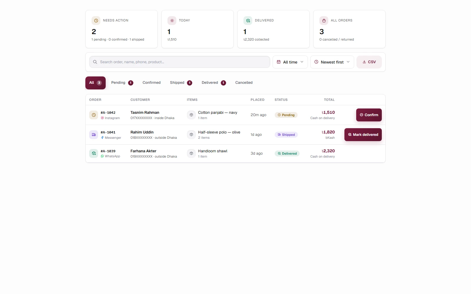 The Orders tab: Needs action first, then every order with its status and next button.