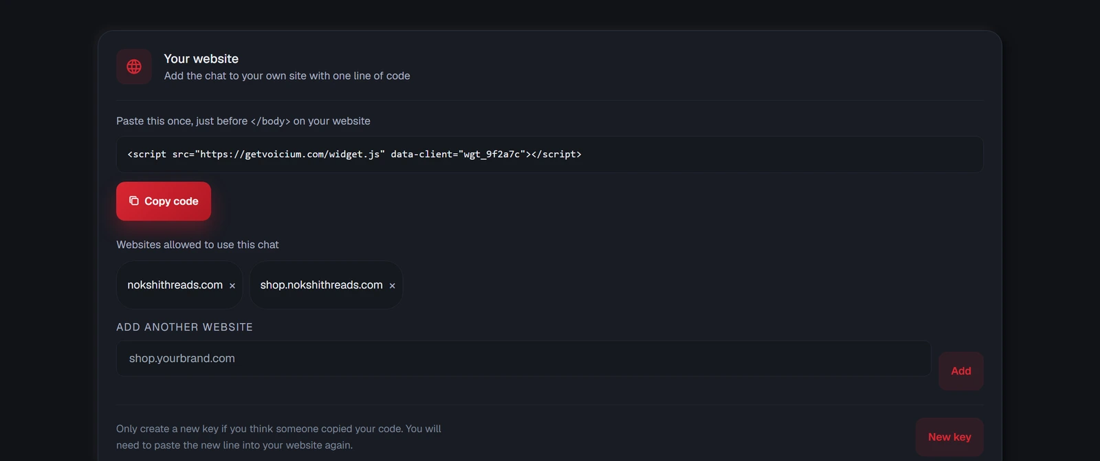 The widget once it is created: your line of code, the websites allowed to use it, and the New key button.